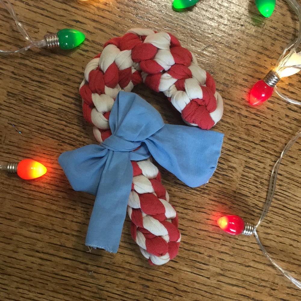 Handmade candy cane dog toy
